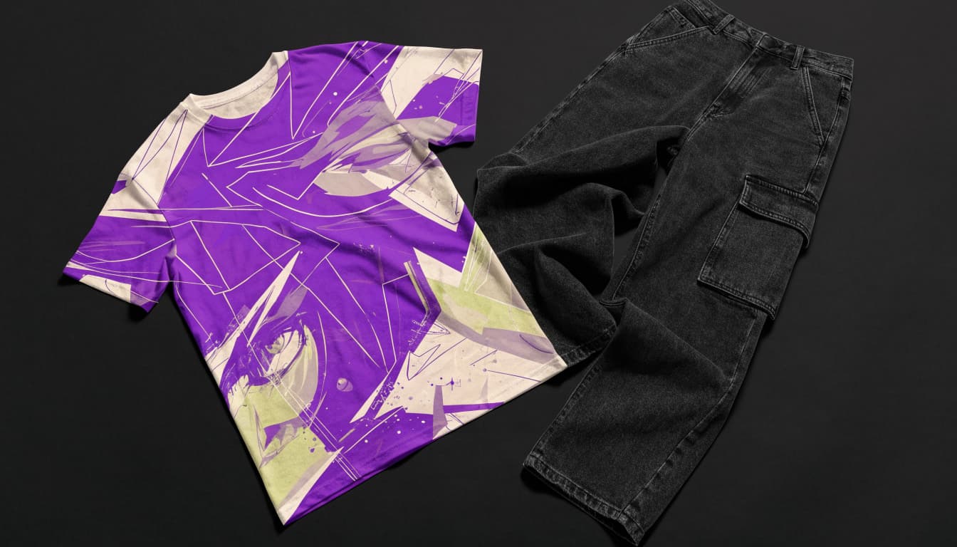 A graphic tee lies beside cargo pants and dark denim on a charcoal floor.