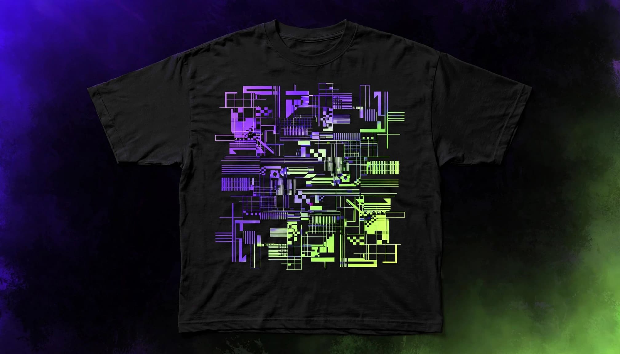 An oversized black T-shirt with jagged glitch artwork and violet and lime accents.