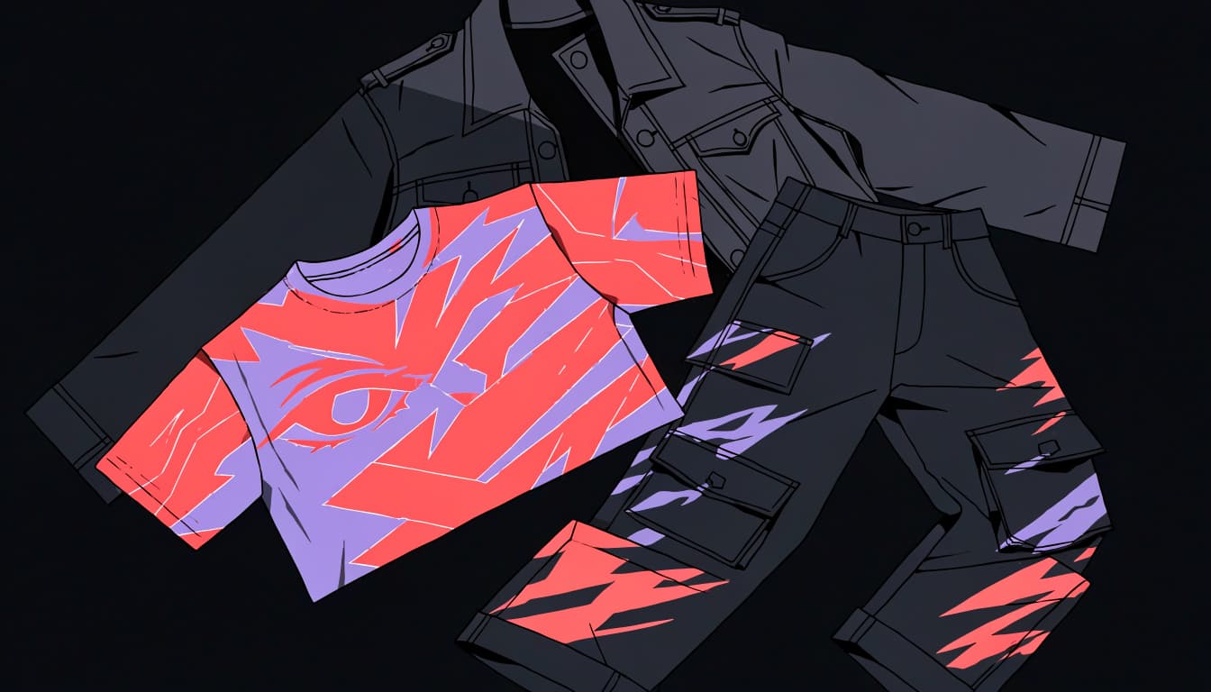 A glitch-patterned tee, dark cargo pants, and layered jacket arranged on charcoal.