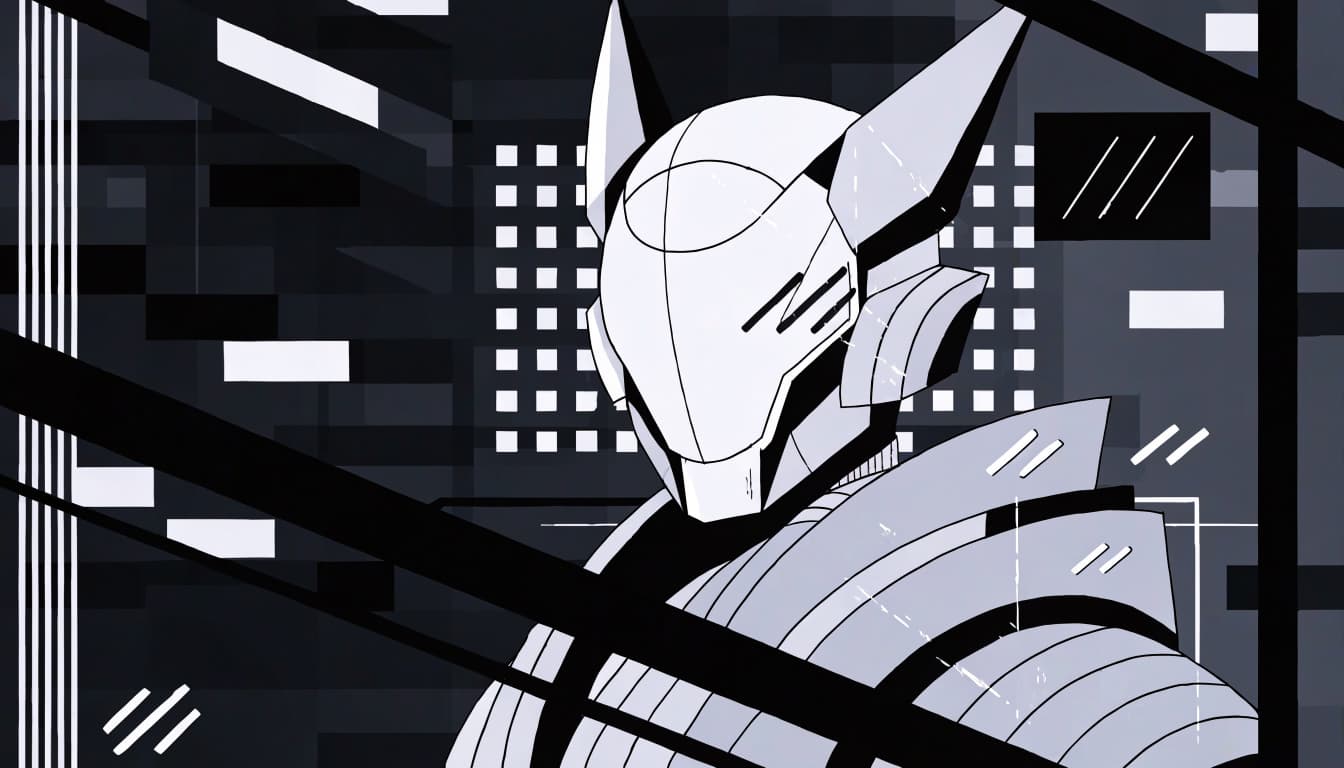 A mecha helmet and shoulder armor framed by dark shapes and scattered glitch fragments.