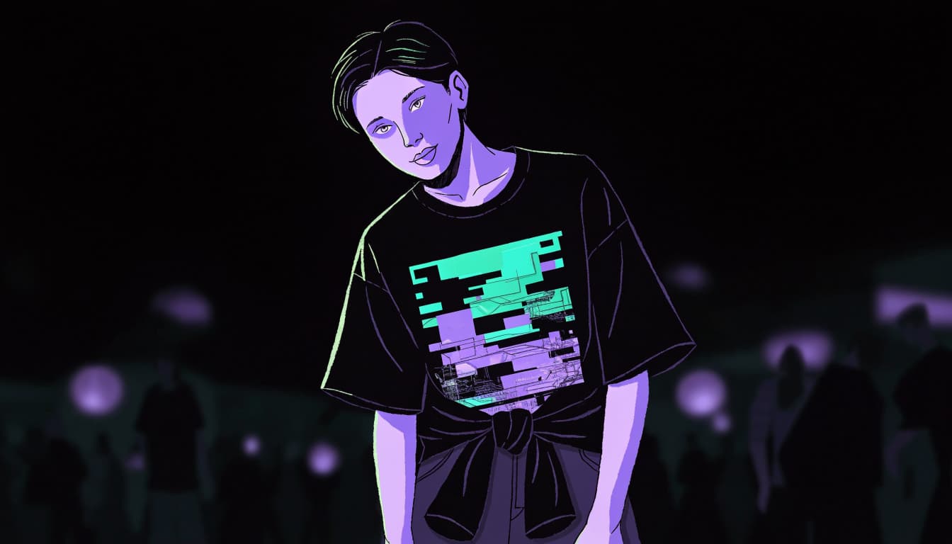 A person in a black glitch-print tee at a softly lit Halloween party.
