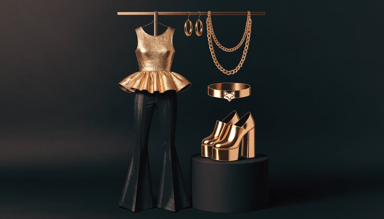 A gold top, flared trousers, jewelry, belt, and platform shoes displayed in a dark studio.