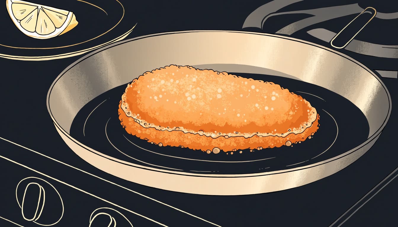 A golden breaded pork cutlet frying in a skillet with lemon on a plate behind it.