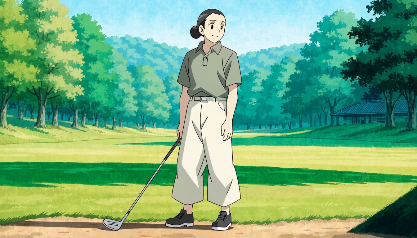 A golfer in an olive polo and cream trousers stands beside a club on a green fairway.
