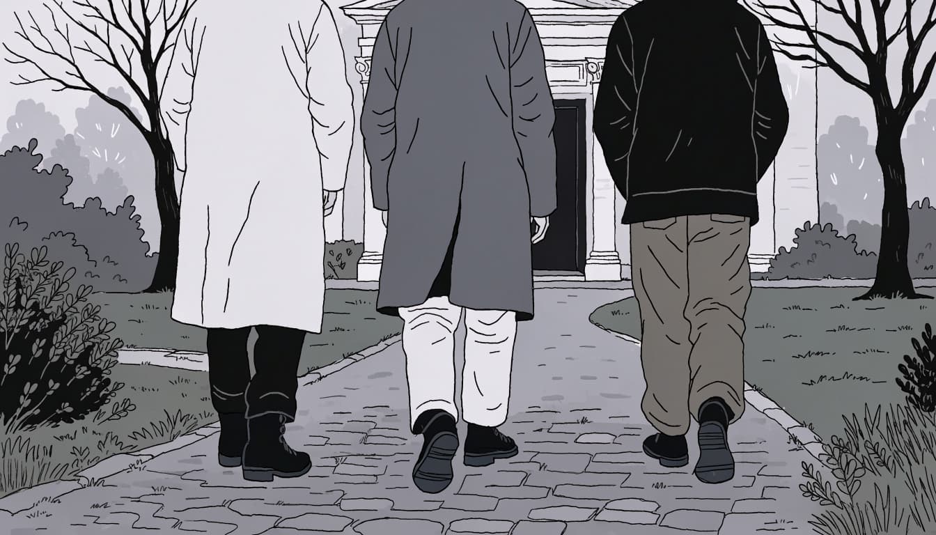 Three people in muted coats walk toward a church doorway.