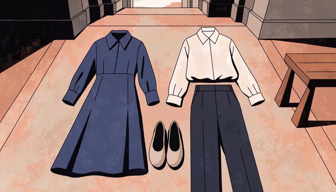 A navy dress, charcoal slacks, cream blouse, and flats arranged near a wooden bench.