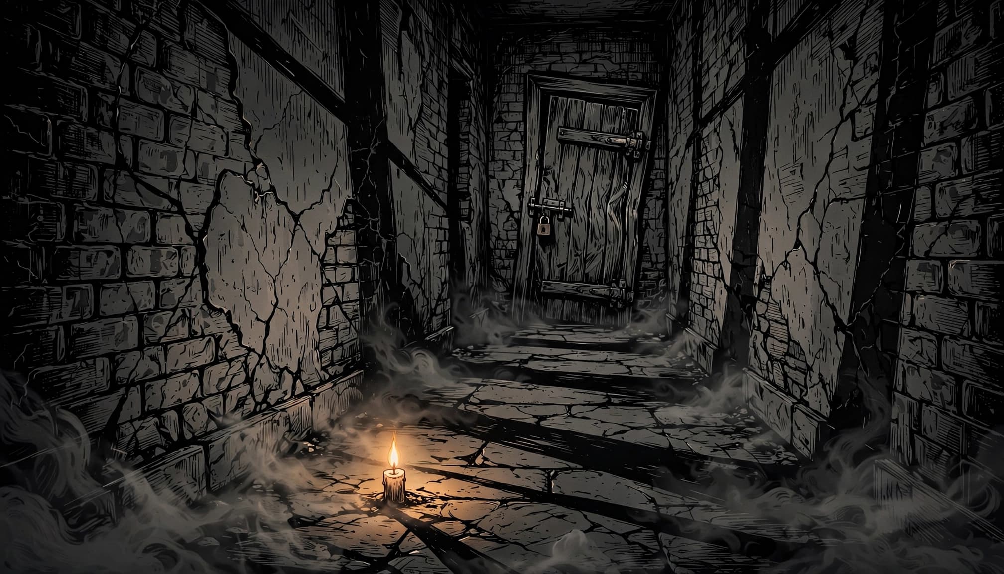 A crooked locked door and candle cast shadows along cracked hallway walls.