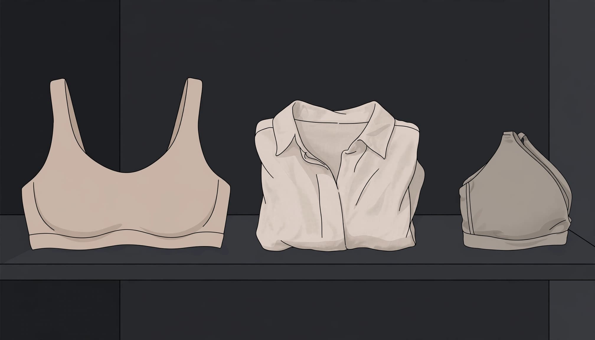 A supportive bra, loose shirt, and folded everyday bra are spaced across a dark shelf.