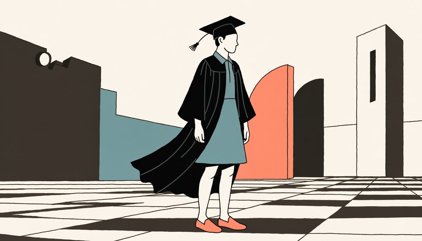 A graduate wears an open gown over a knee-length dress and low shoes.