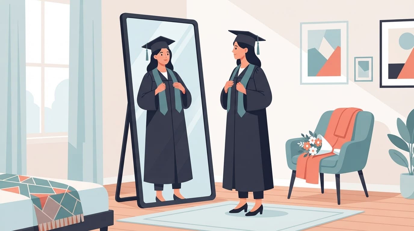 A graduate checks their cap and gown in a bedroom mirror.