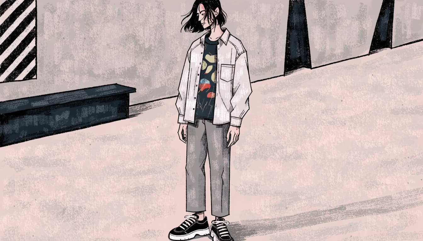 A young adult in gray trousers and a layered graphic tee outfit stands by a courtyard bench.