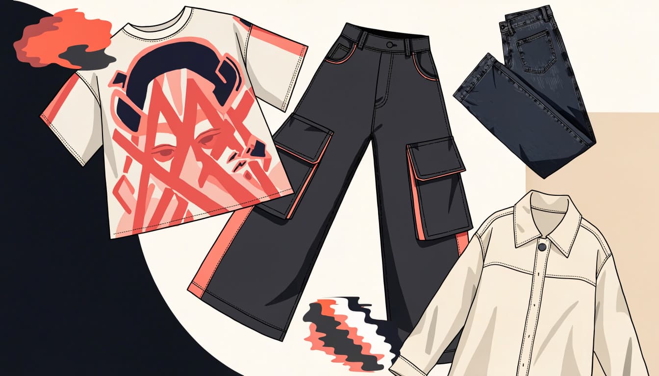 A graphic tee, cargo pants, folded jeans, and overshirt arranged on a dark floor.