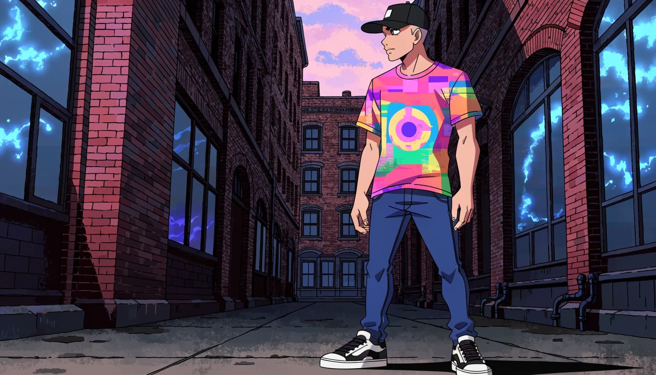 An anime-style illustration of a man in a colorful graphic t-shirt standing in an alleyway.
