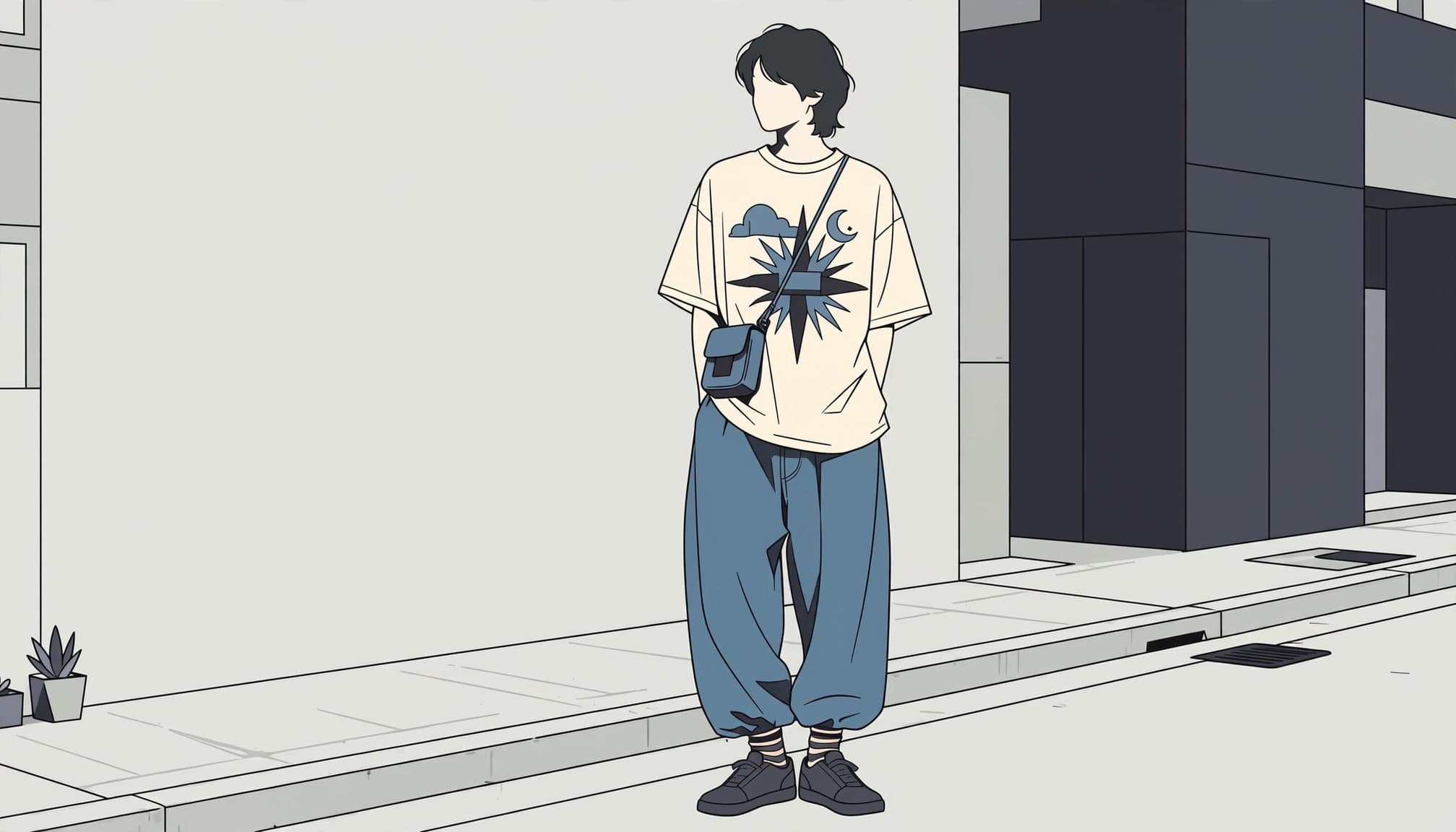 A figure in a graphic tee, loose jeans, striped socks, and sneakers on a sidewalk.