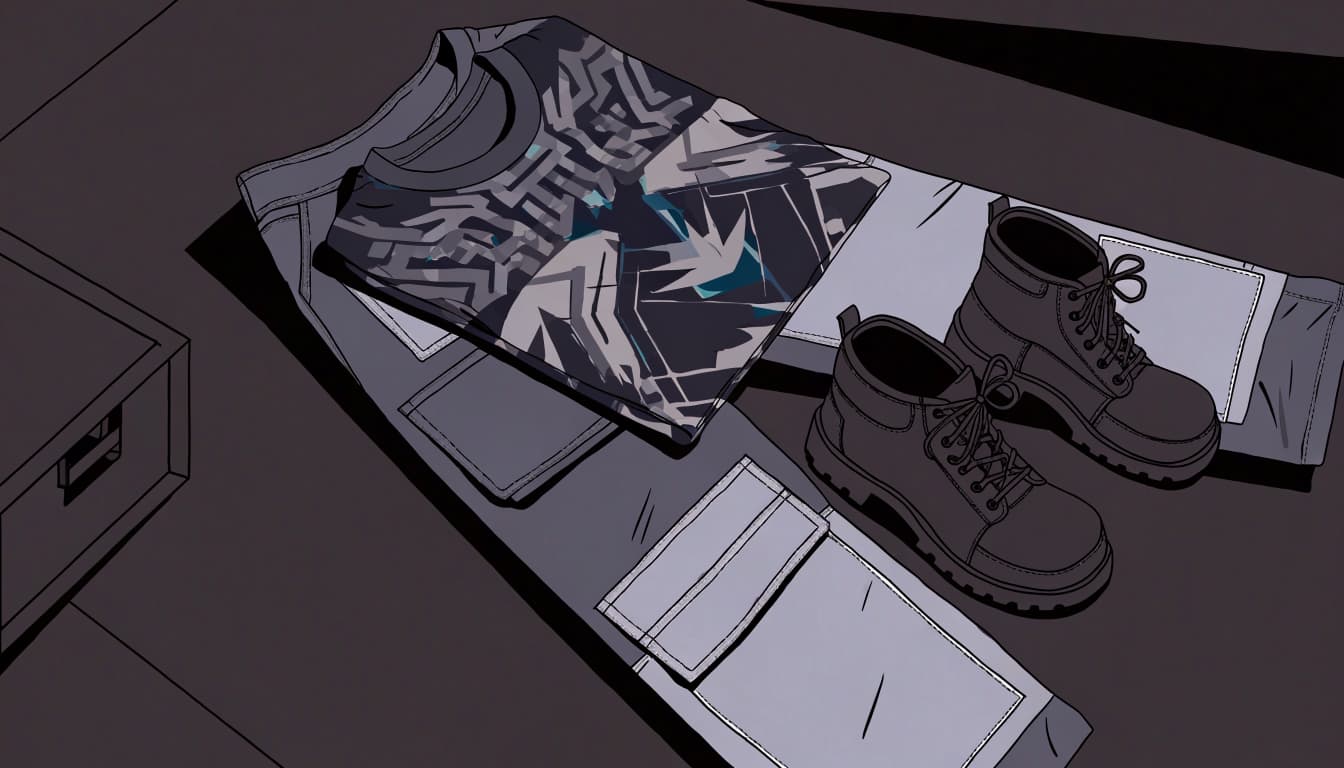 A folded graphic tee, gray cargo pants, and black logger boots arranged on a bedroom floor.