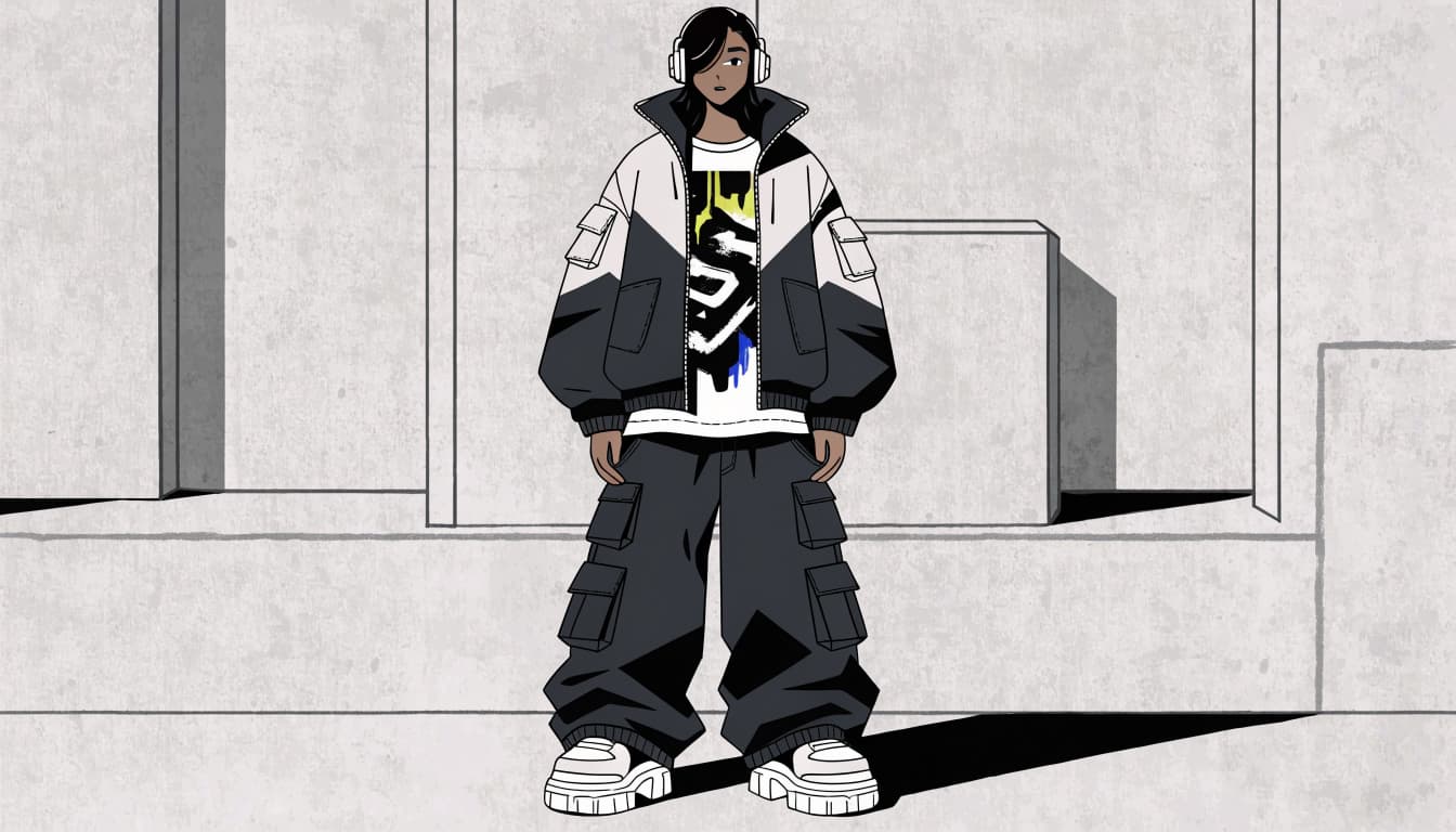 A young adult wears a graphic tee, layered jacket, and cargo pants against a geometric concrete wall.