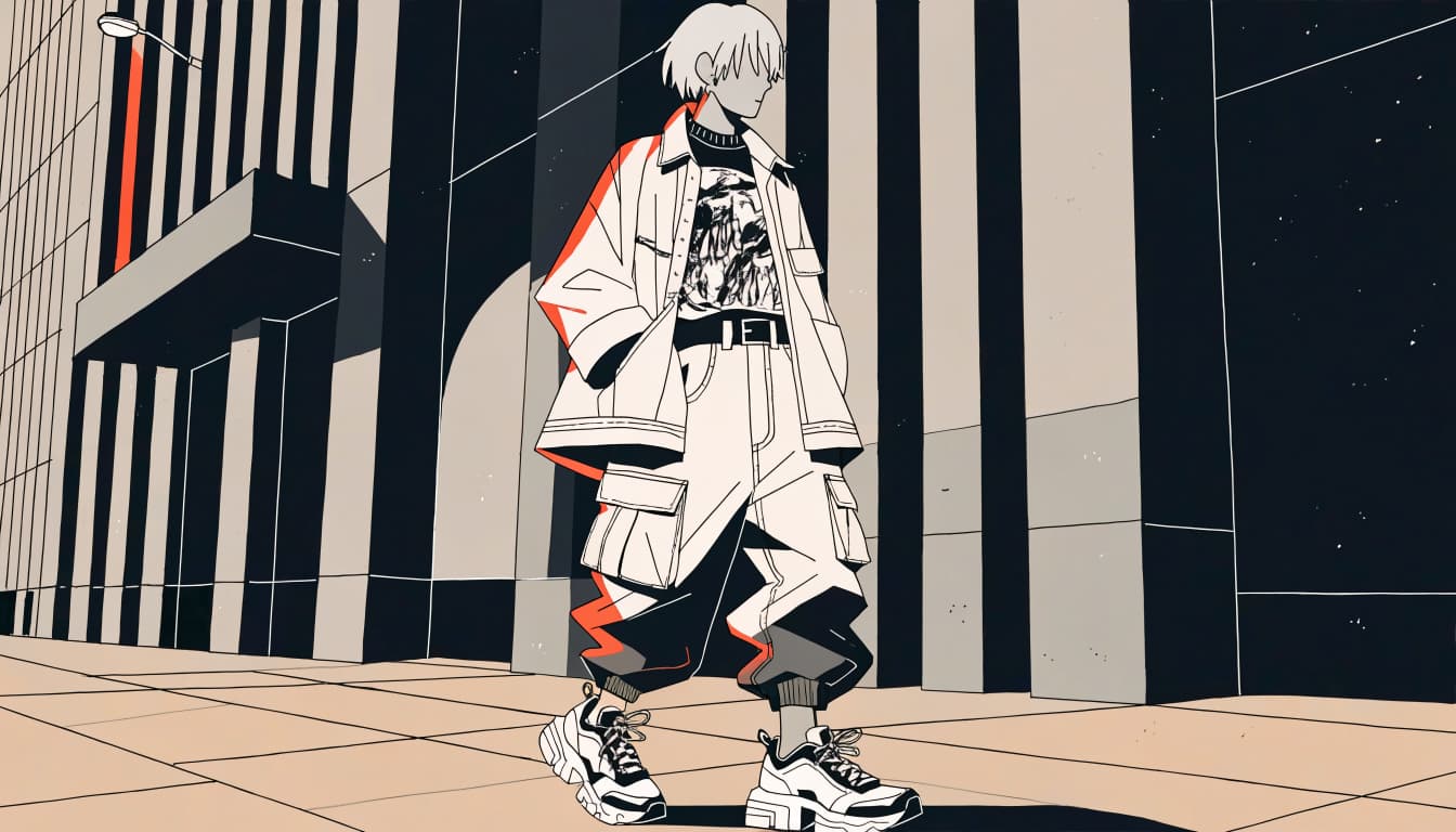 A casually dressed young adult stands against geometric city architecture.