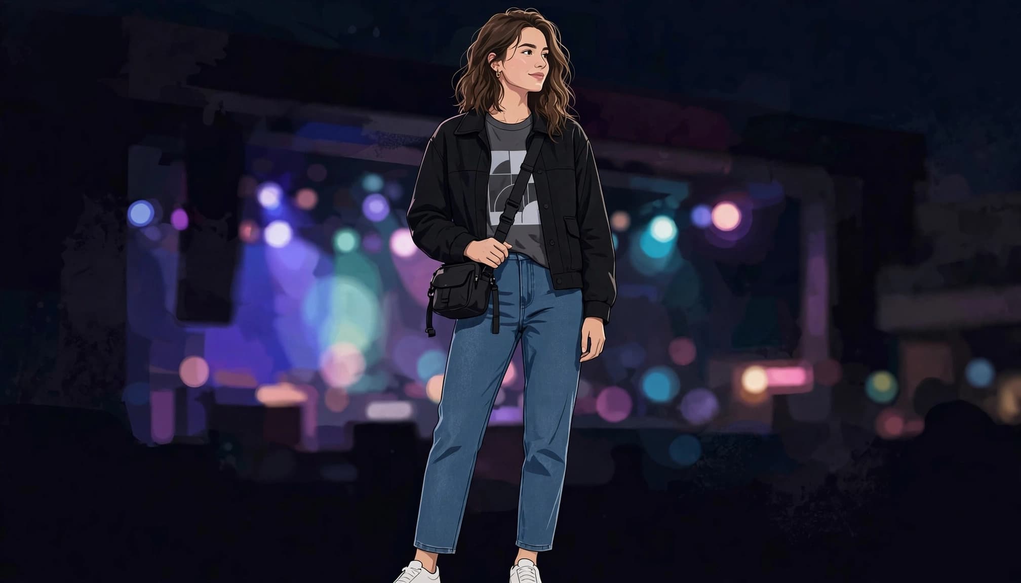 A woman in jeans and a cropped jacket carries a crossbody bag outside a music venue.