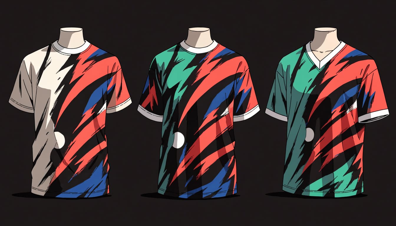 Three anime-style t-shirts with dynamic abstract patterns on mannequin torsos.