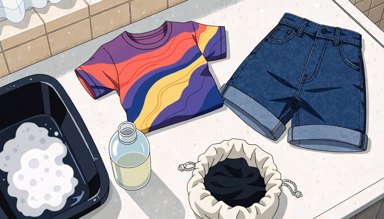 A folded printed tee and denim shorts beside laundry washing supplies.
