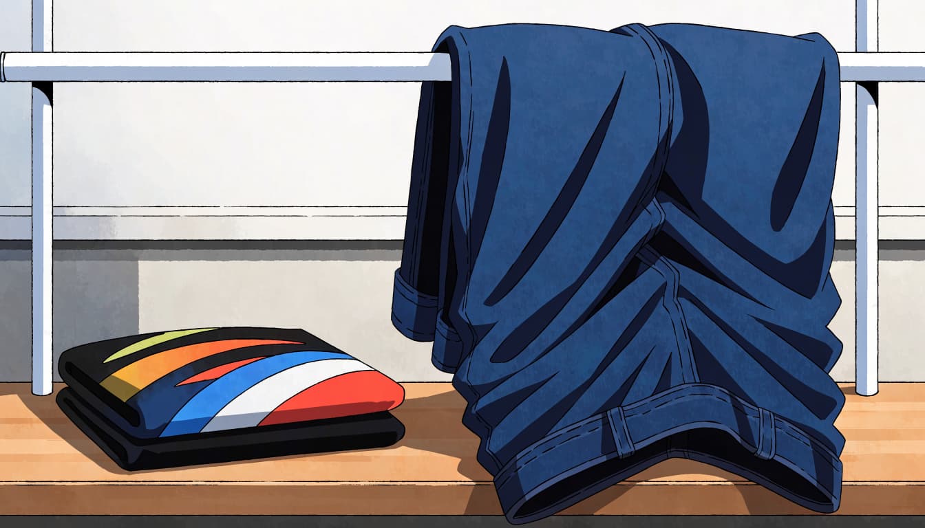 A folded graphic T-shirt and relaxed-fit jeans sit on a pale wood bench.