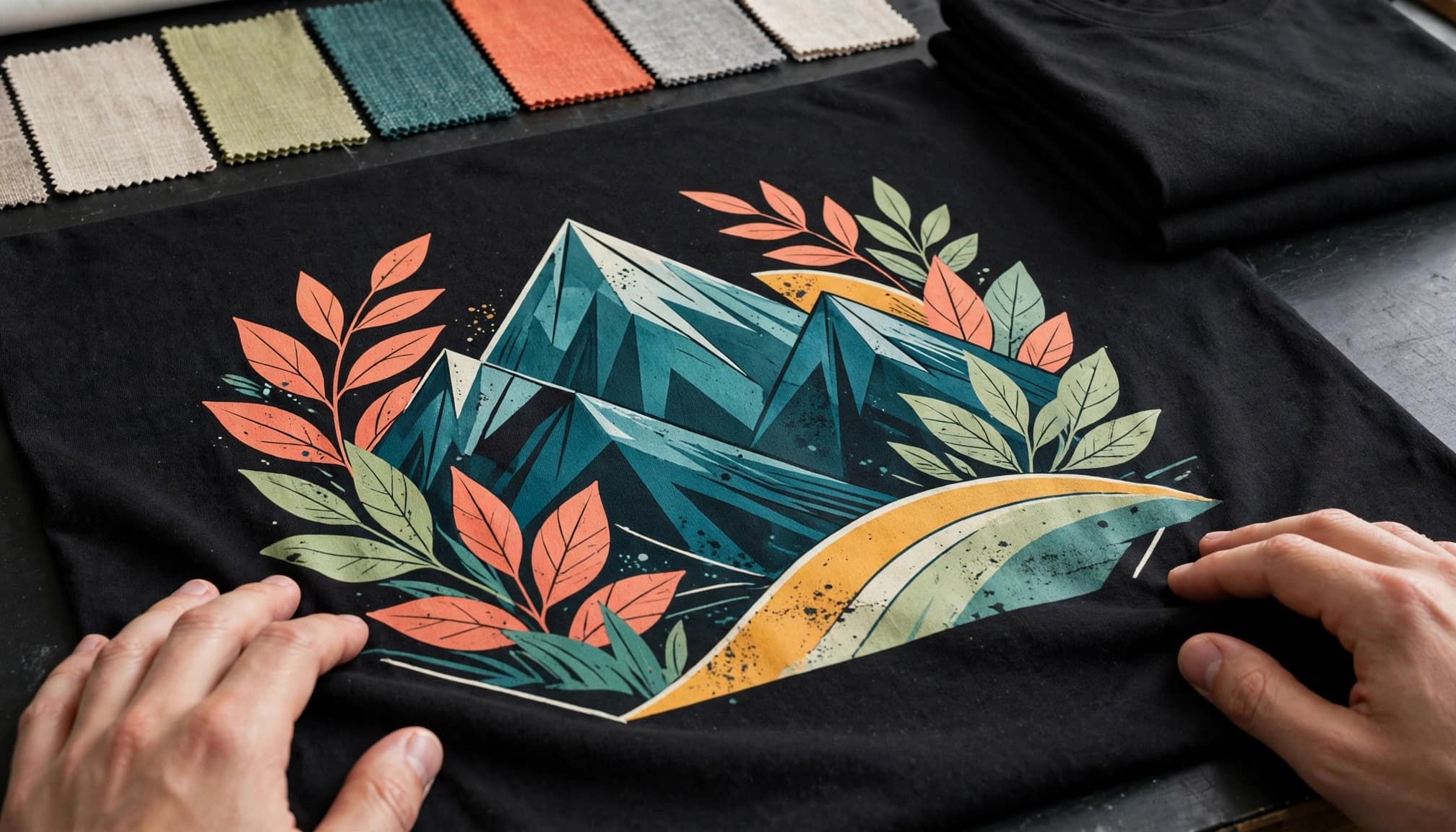 Two hands inspect a colorful T-shirt print beside fabric swatches and a folded shirt.