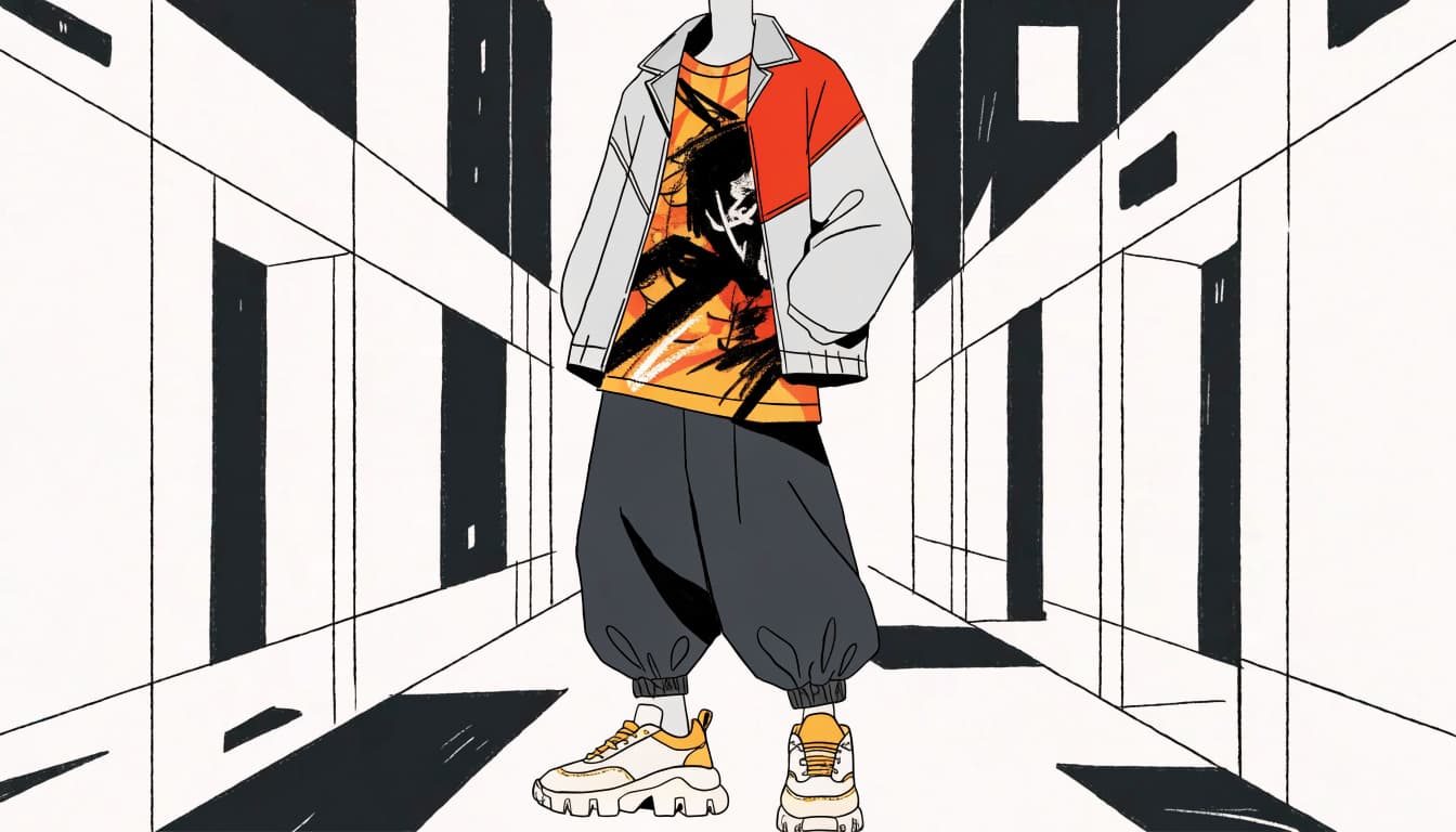 A graphic tee, dark trousers, jacket, and sneakers arranged against a geometric alley backdrop.