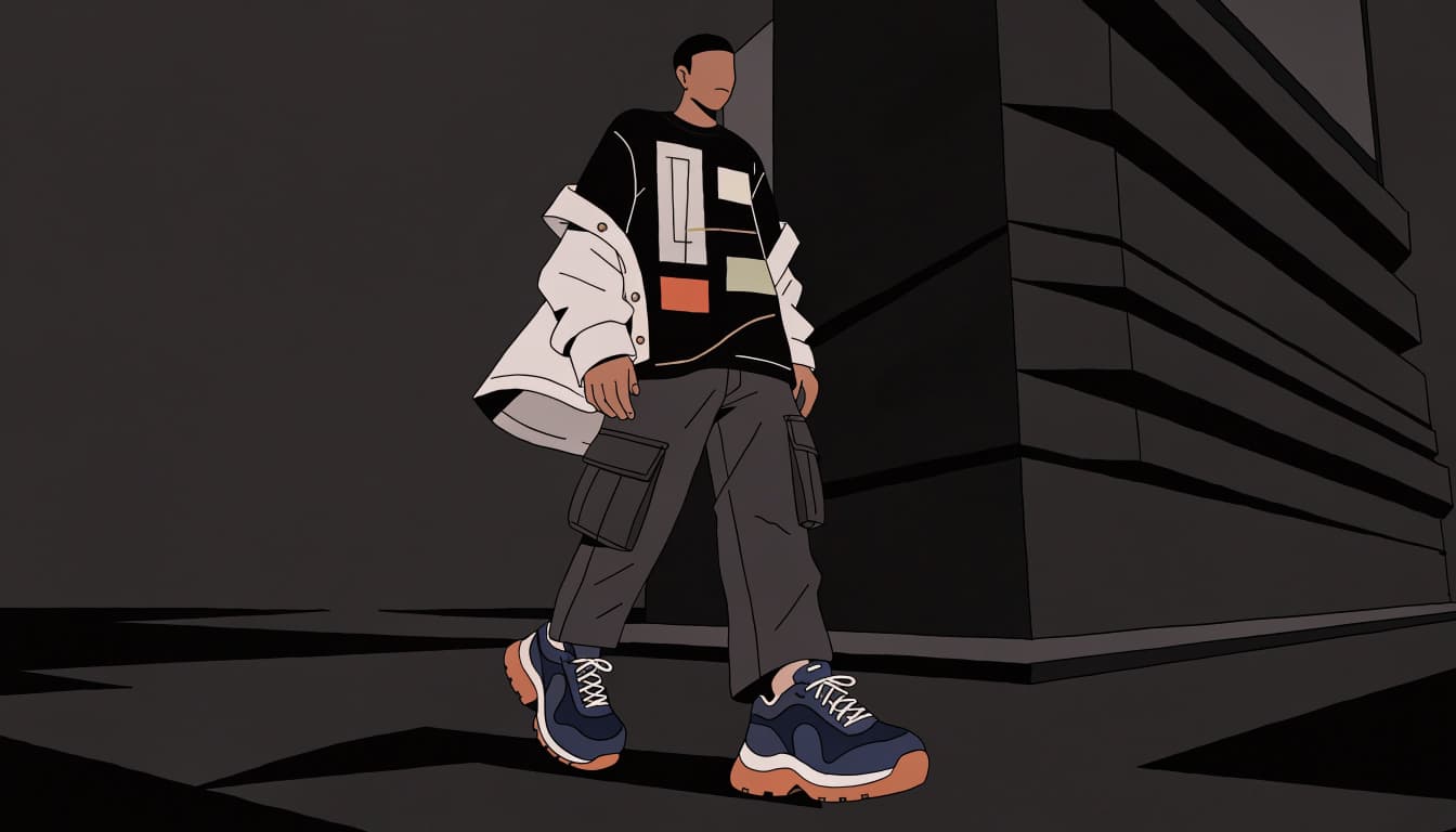 A person in a black graphic tee, open overshirt, cargo pants, and sneakers.