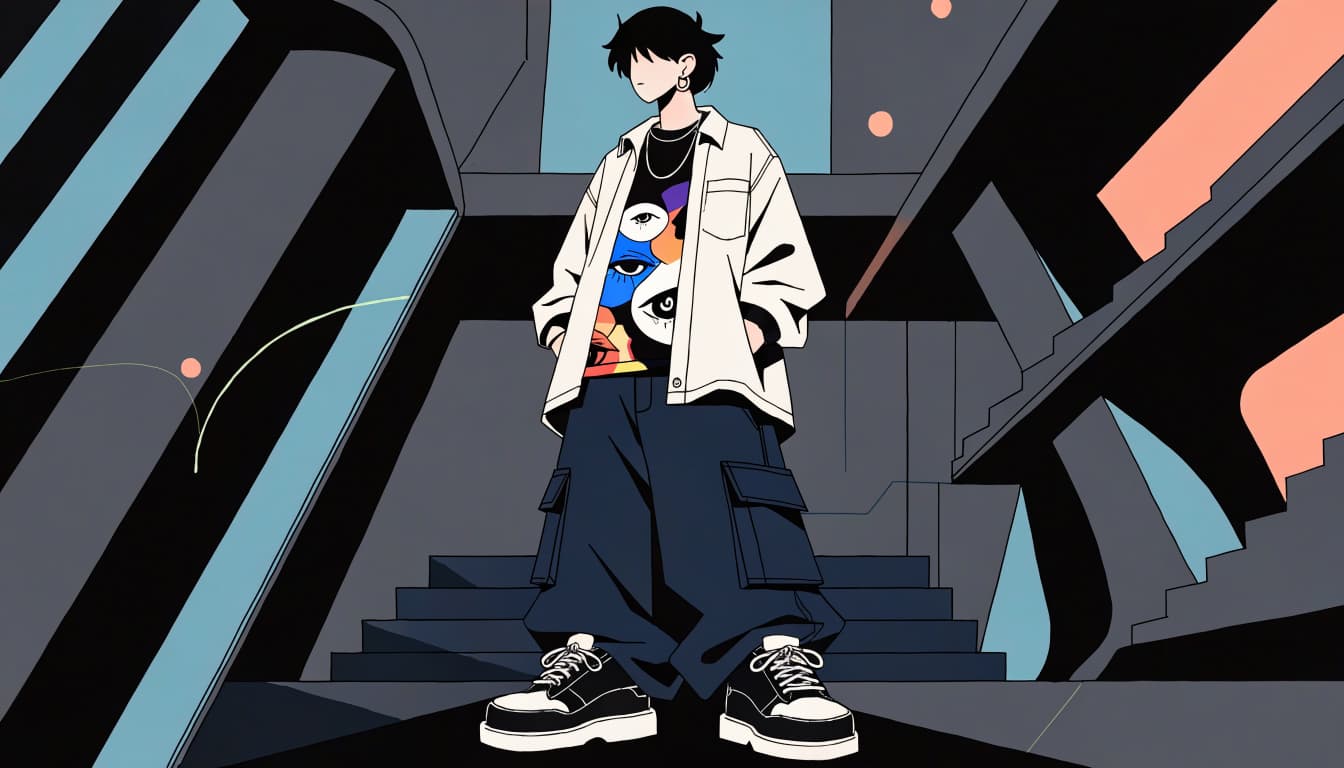 A person in a graphic tee, overshirt, and dark cargo pants stands by angular concrete shapes.