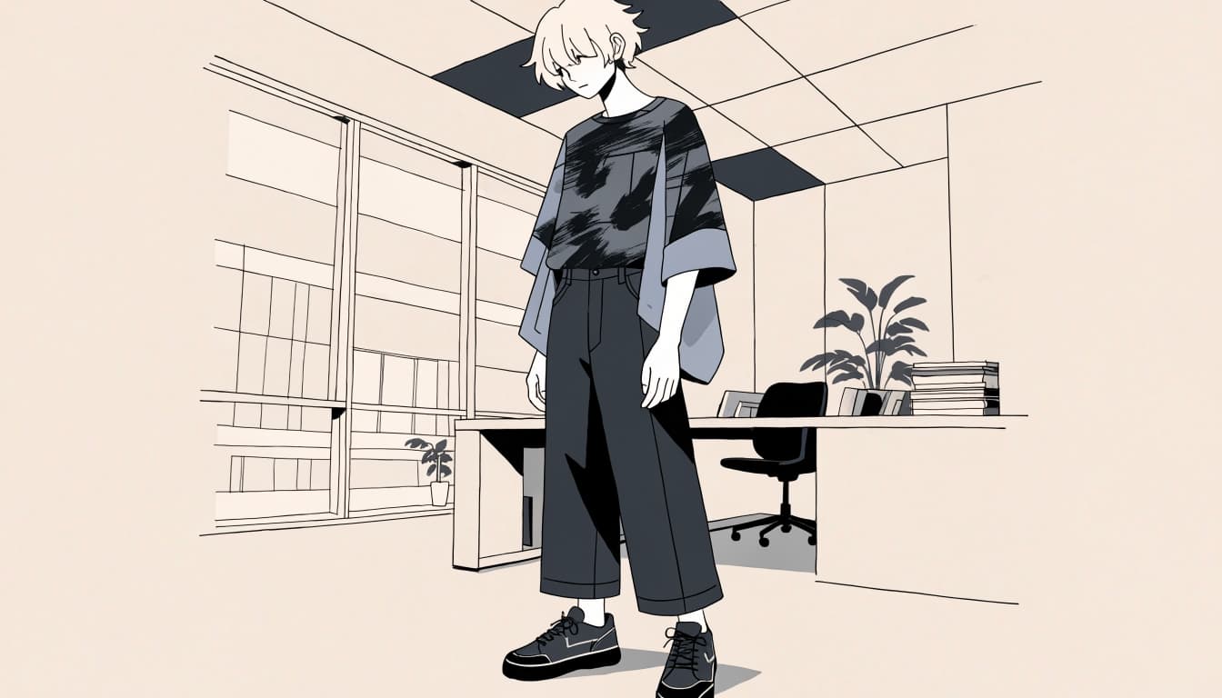 A person in a graphic tee and dark trousers stands in a bright studio office.