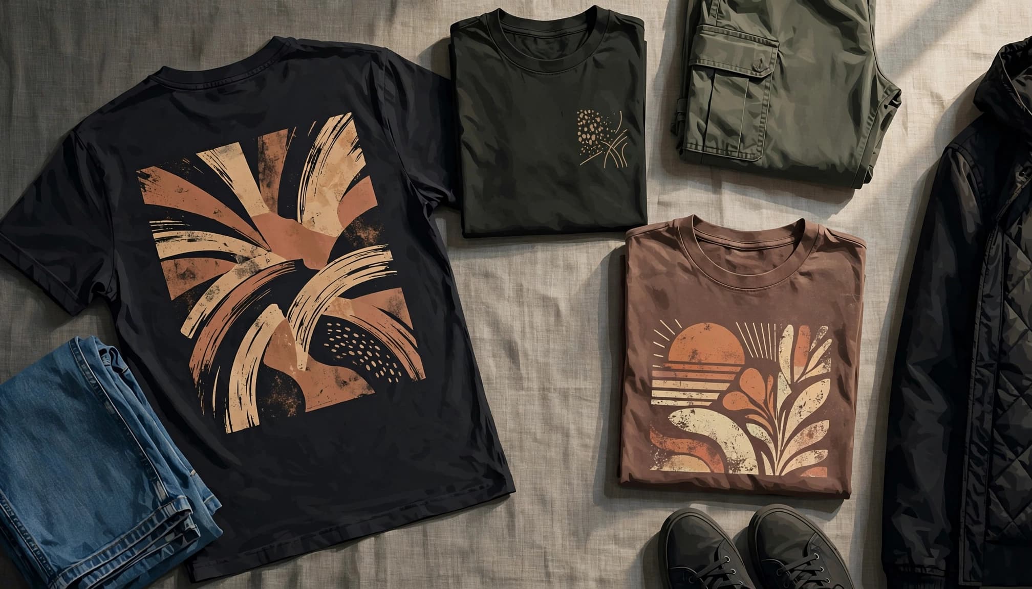 Three graphic T-shirts with different prints arranged beside denim, sneakers, and folded clothing.