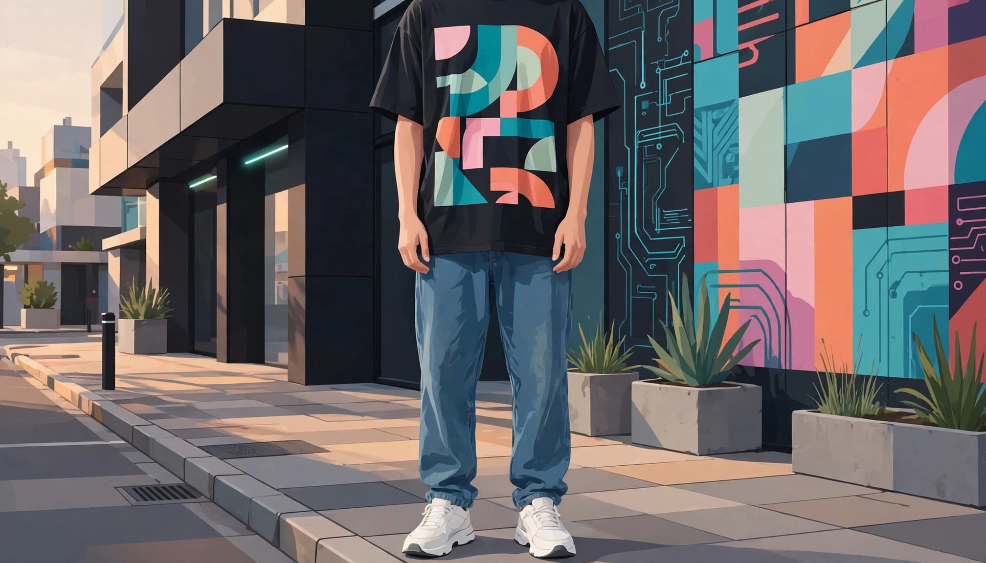A person in a graphic T-shirt, relaxed jeans, and sneakers on a colorful sidewalk.