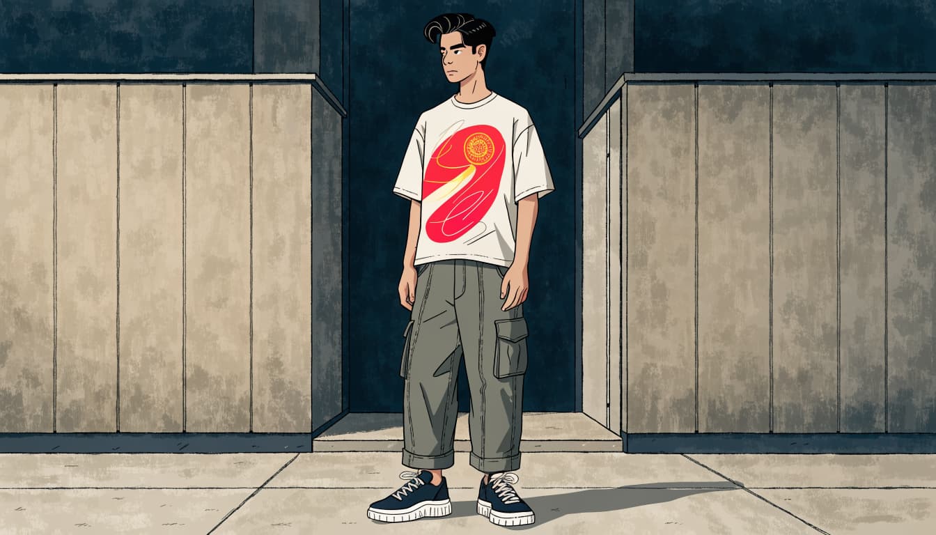 A young man in a graphic tee, olive cargo pants, and sneakers stands on a city sidewalk.