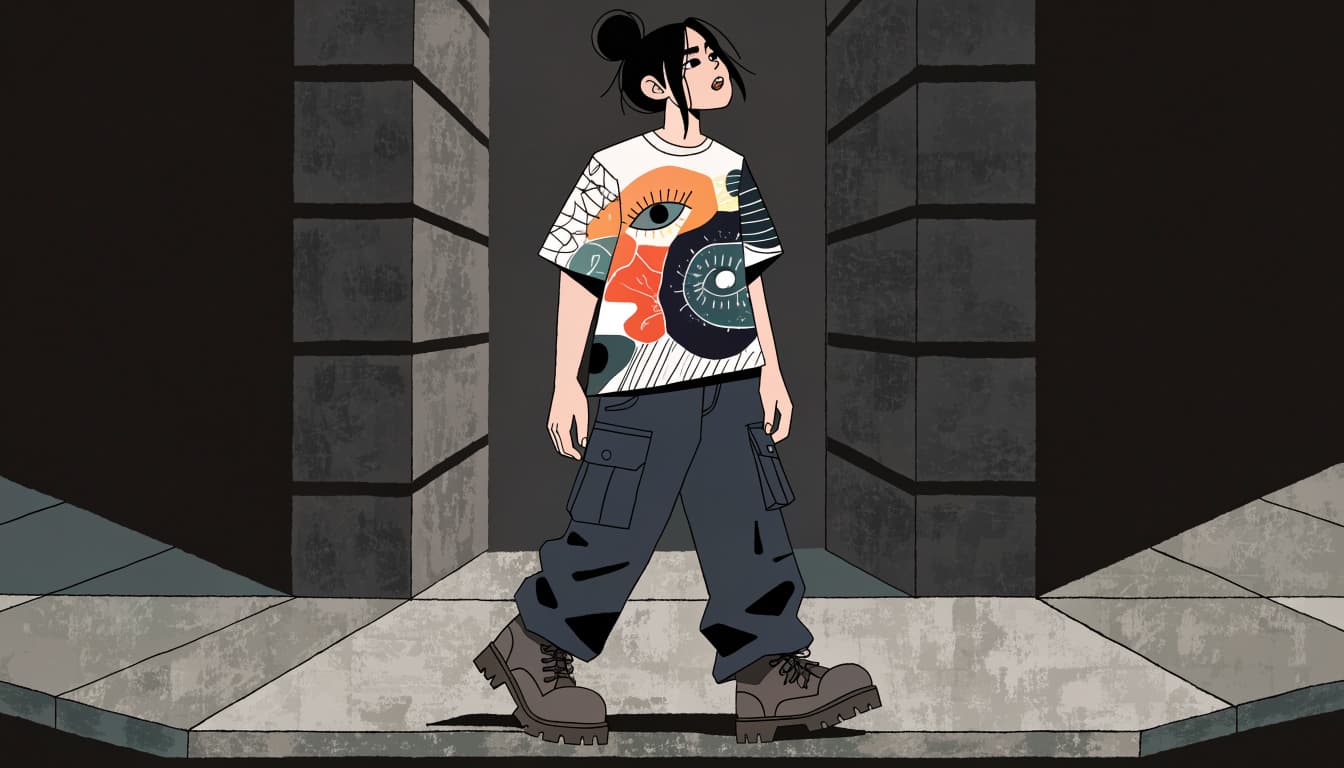 A person in dark cargos, work boots, and an abstract graphic tee stands beside concrete buildings.