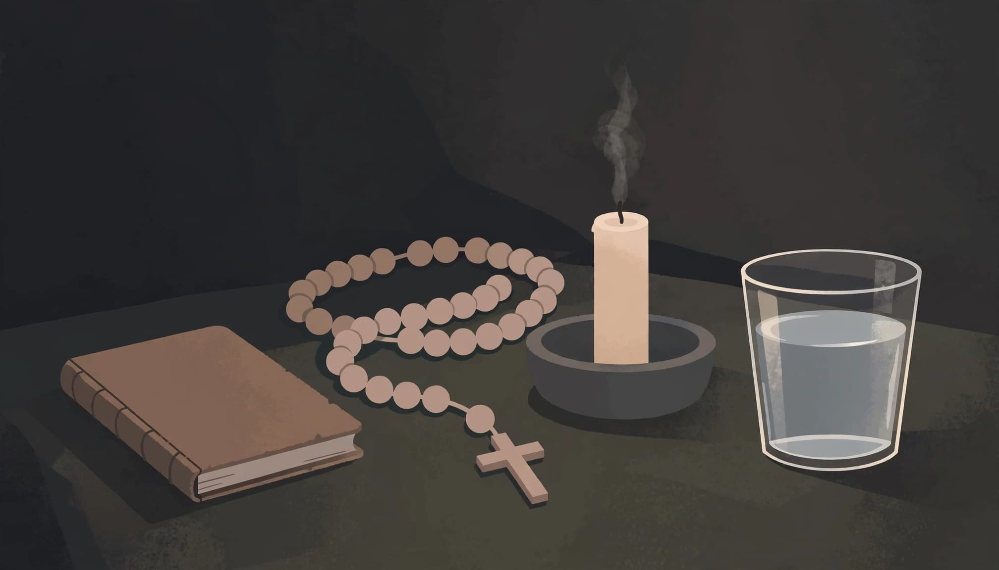 A journal, rosary, candle, and water cup arranged on a dark bedside table.