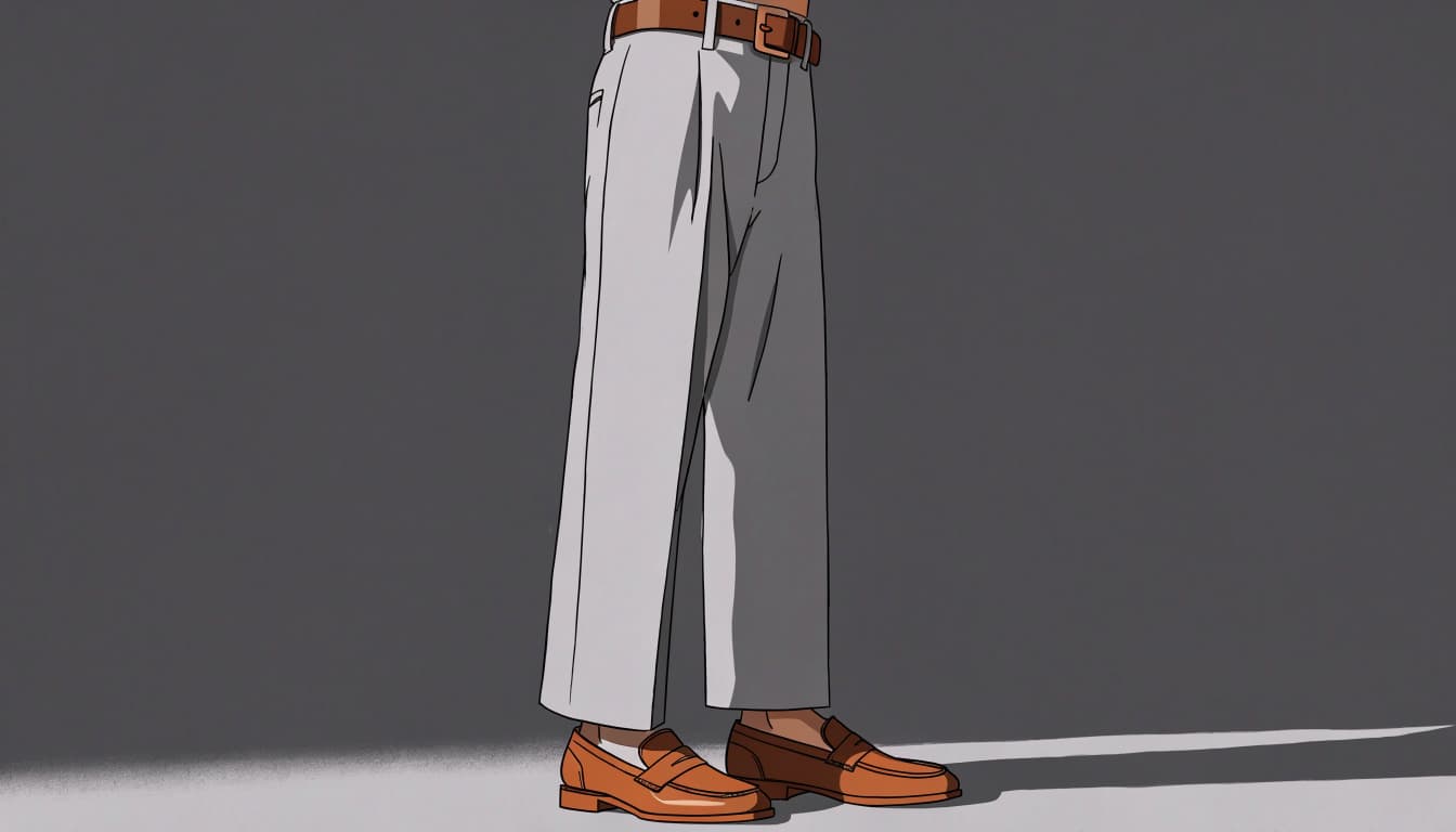 Light gray trousers and a brown belt paired with cognac loafers.