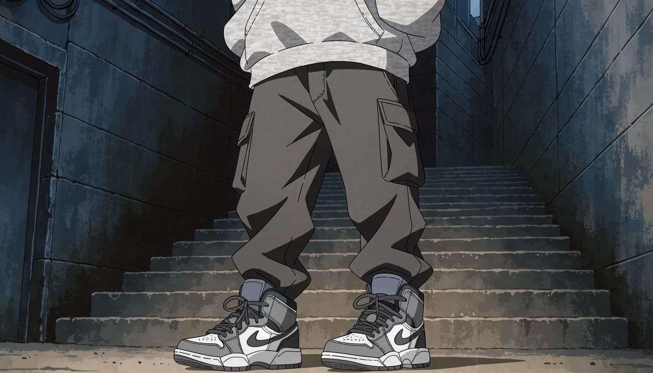 A grey hoodie and charcoal cargo pants paired with high-top sneakers on concrete stairs.