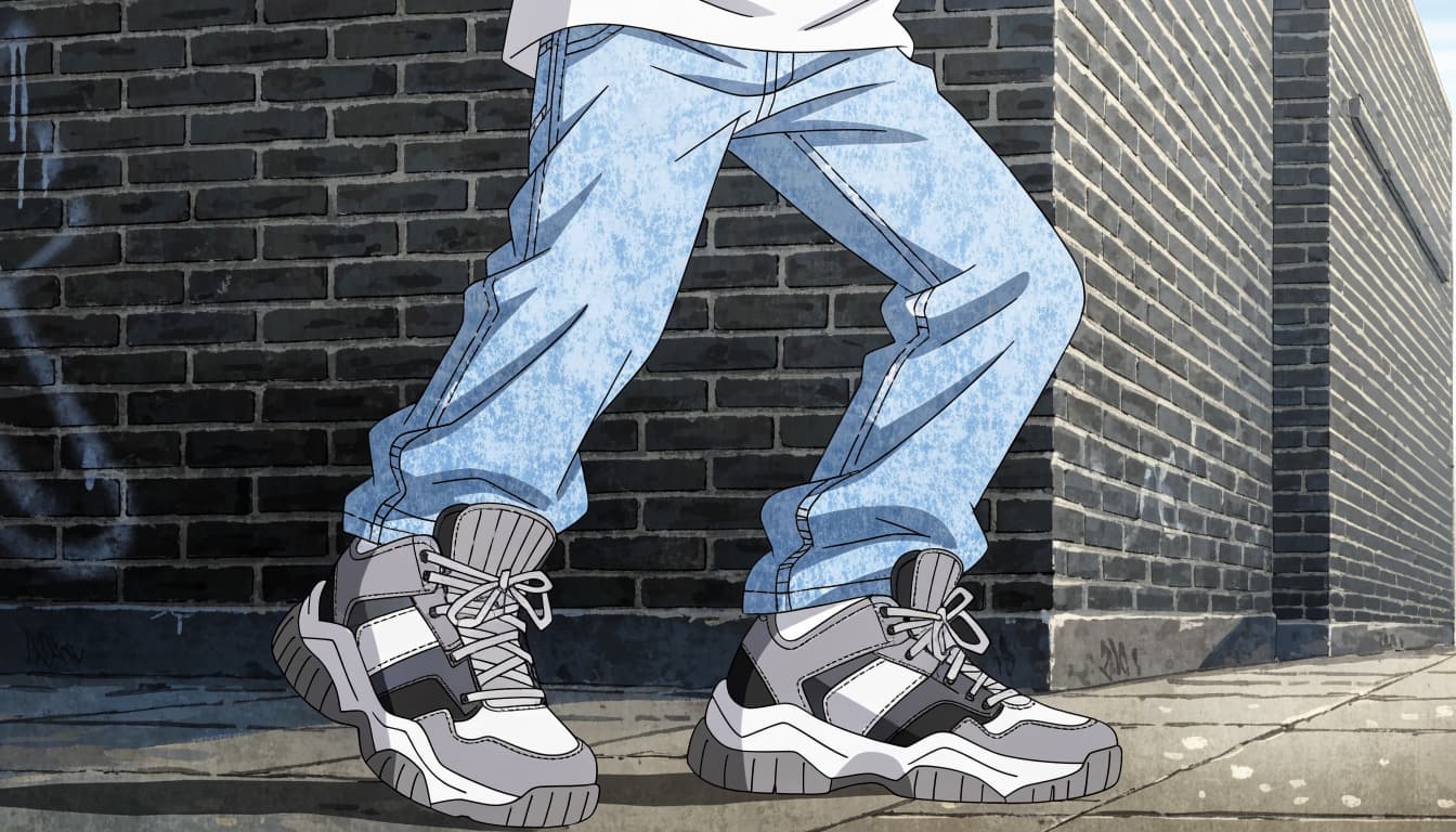 A person in light jeans and a white tee walks in grey, white, and black high-top sneakers.