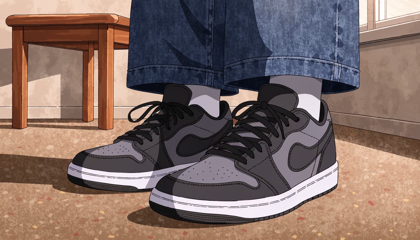 A pair of low-top sneakers with cropped dark denim and neutral socks by a bench.