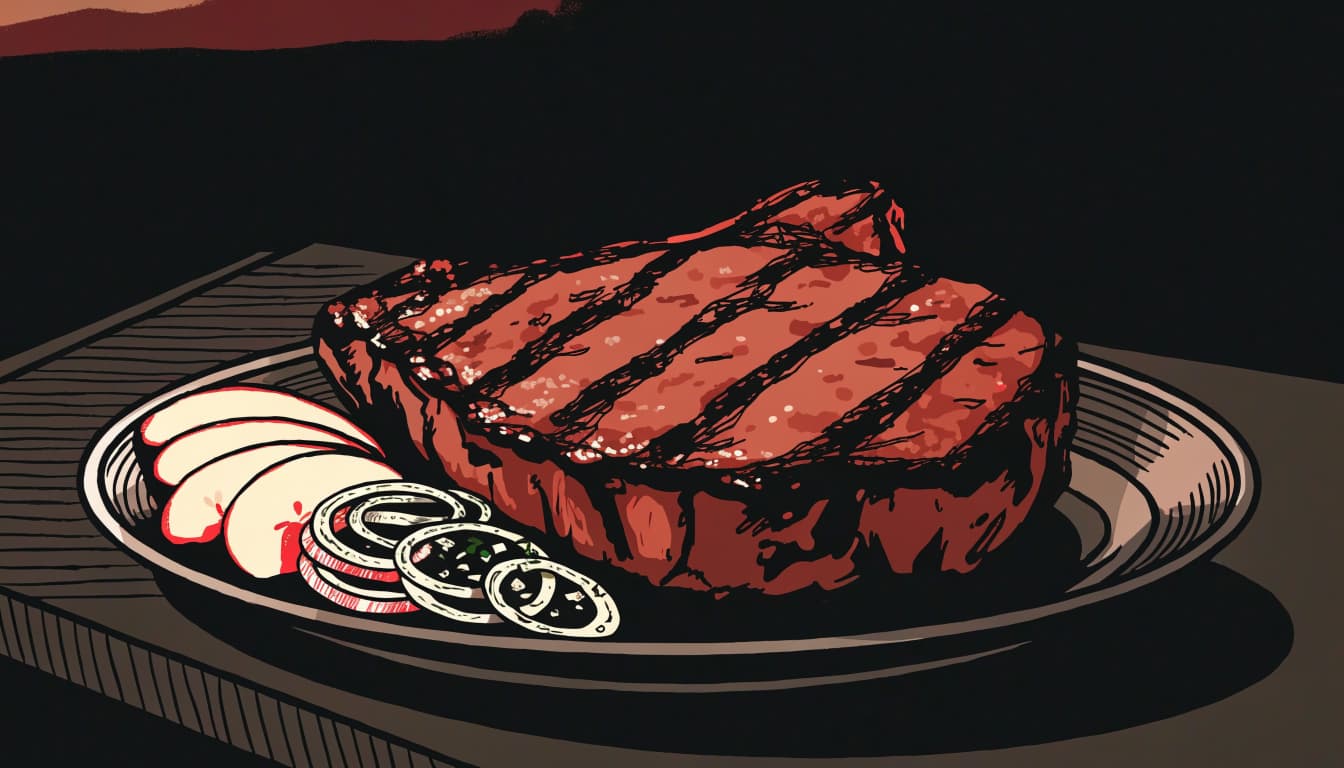 A thick seared pork chop served with sliced apples and onions on an outdoor table.