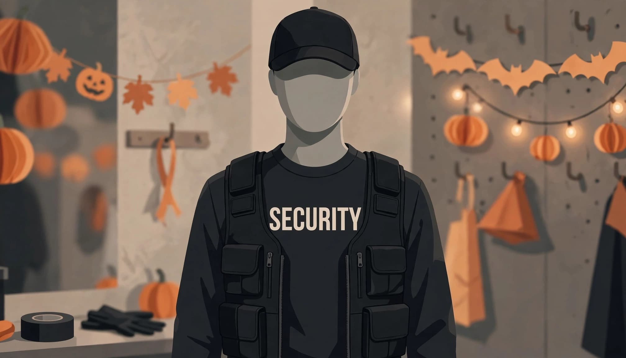 A mannequin wears a SECURITY shirt, black vest, and cap near orange Halloween decorations.
