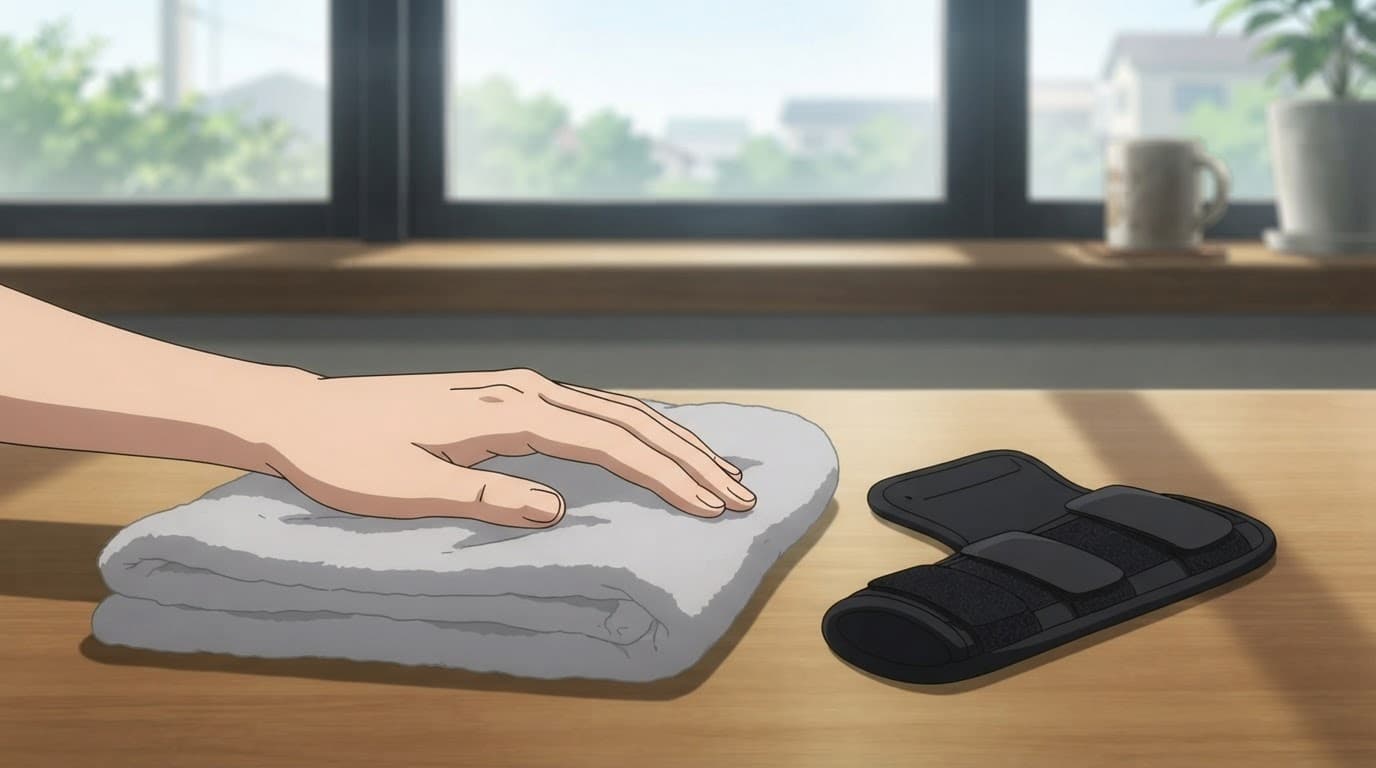 A relaxed hand rests on a folded towel beside a wrist splint.