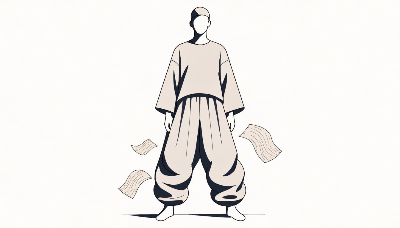 A mannequin wearing roomy harem pants with gathered ankles in a clean studio.