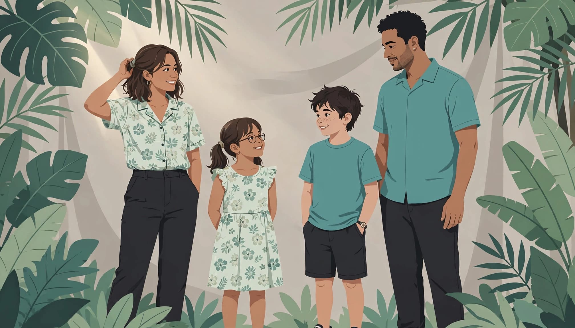 Four relatives pose in coordinated tropical outfits in a leafy garden.