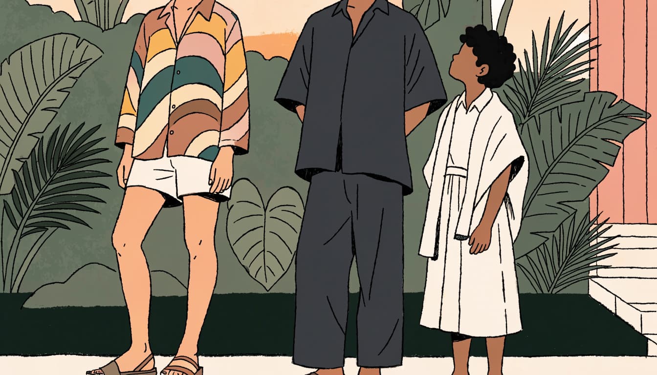 Two adults and a child in casual tropical outfits stand together on a leafy patio.