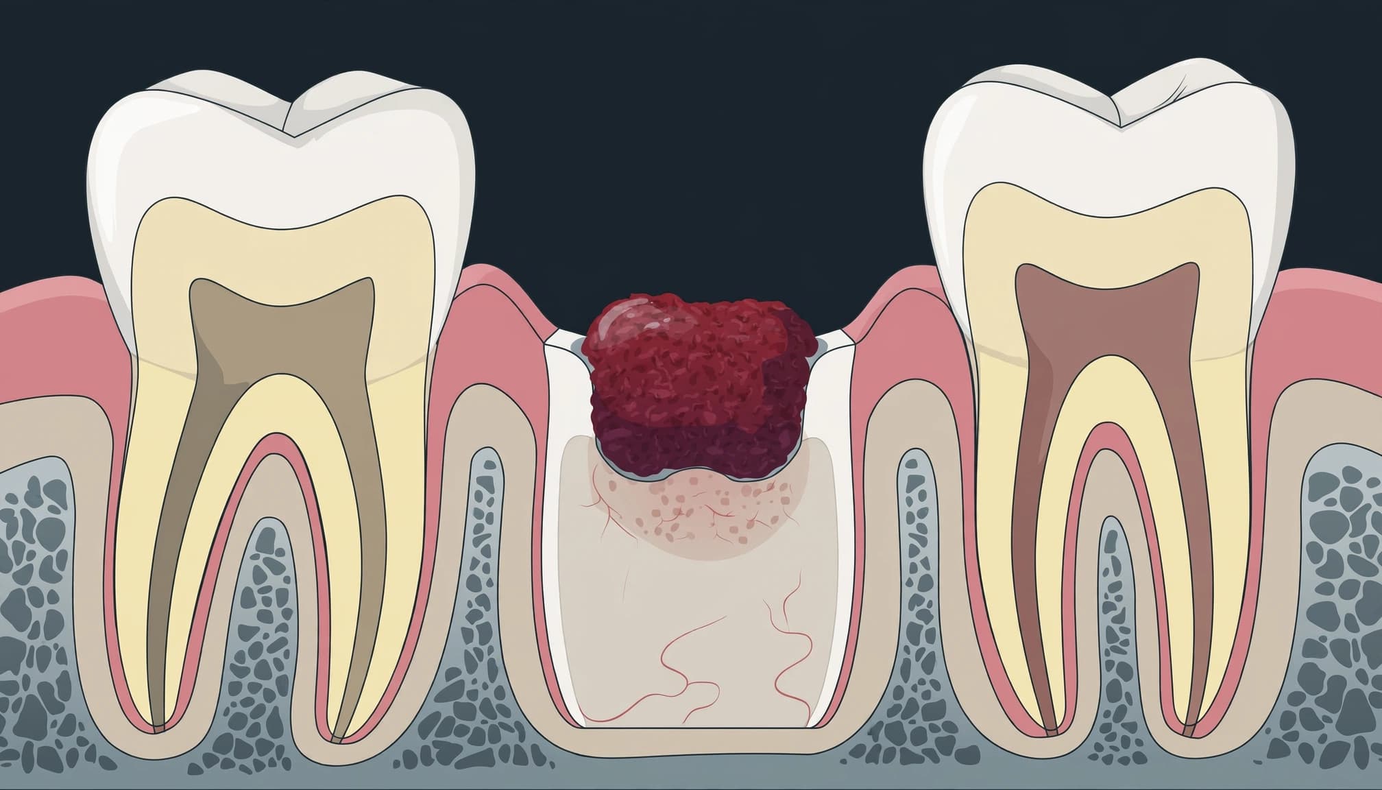 Cross-section showing a blood clot protecting a healing tooth extraction socket.