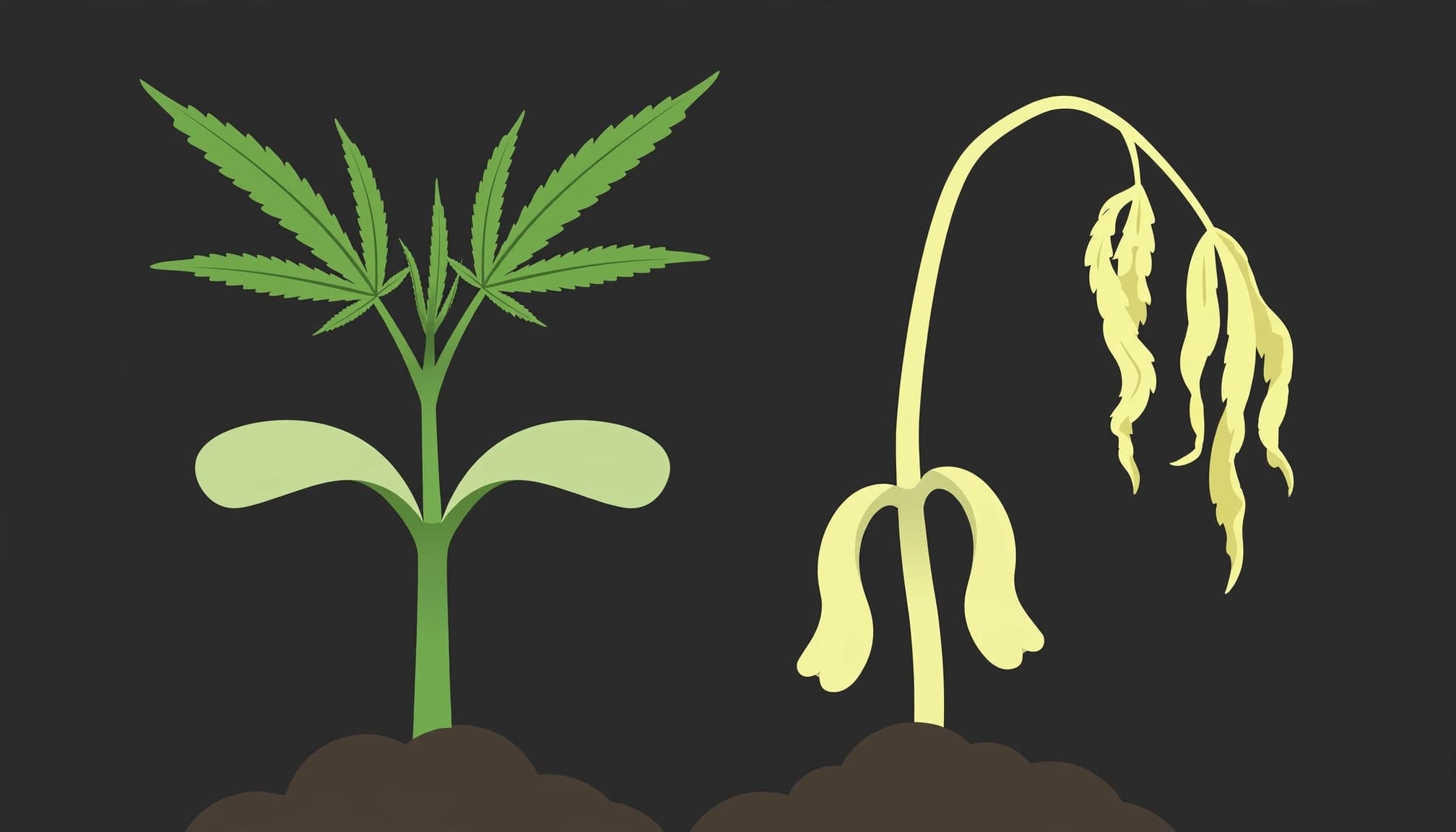 Two cannabis seedlings show healthy upright growth and pale, drooping stress symptoms.