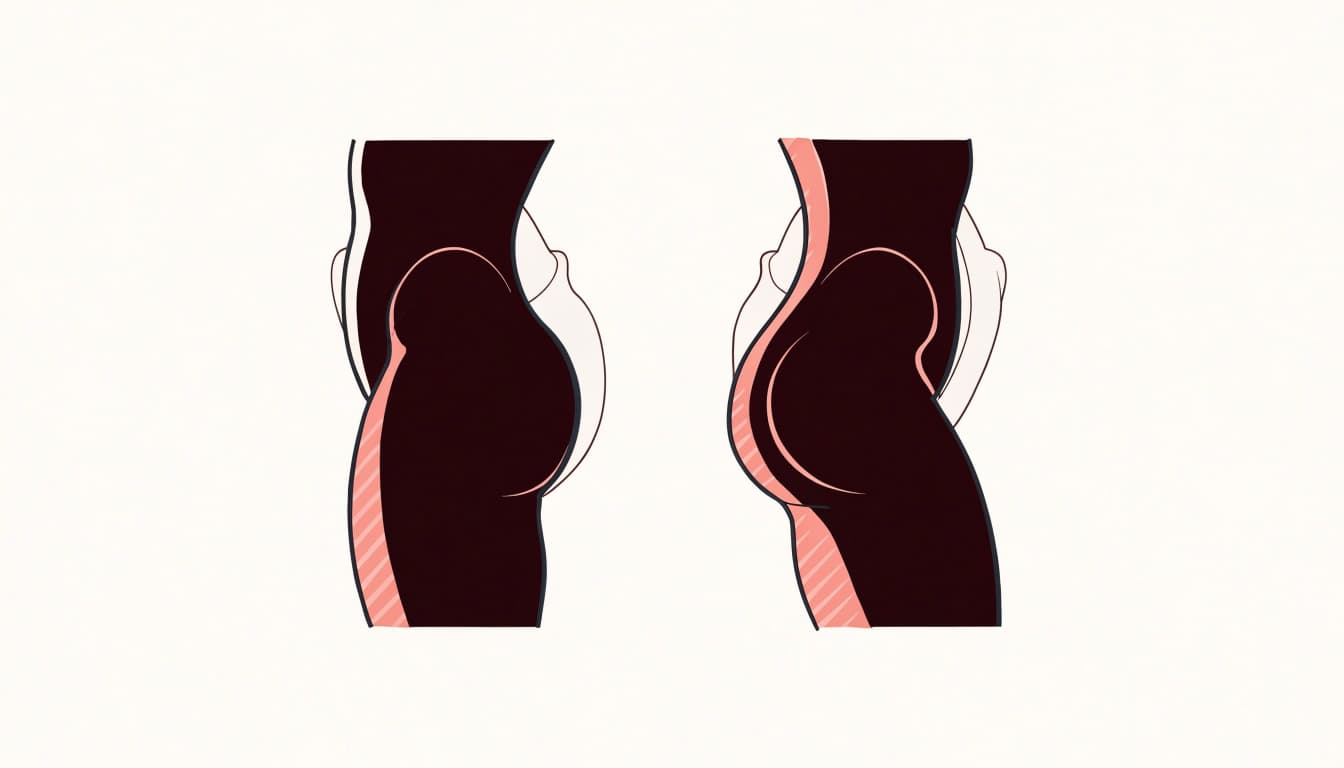 A side silhouette compares hip contours over a faint pelvis outline.