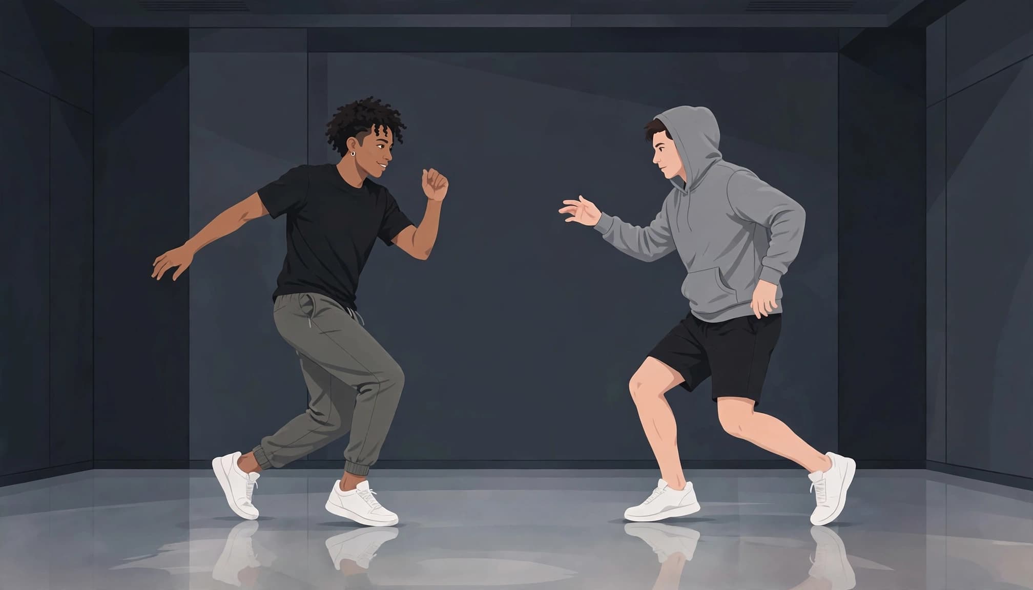 Two full-body dancers practice hip-hop in streetwear on a studio floor.