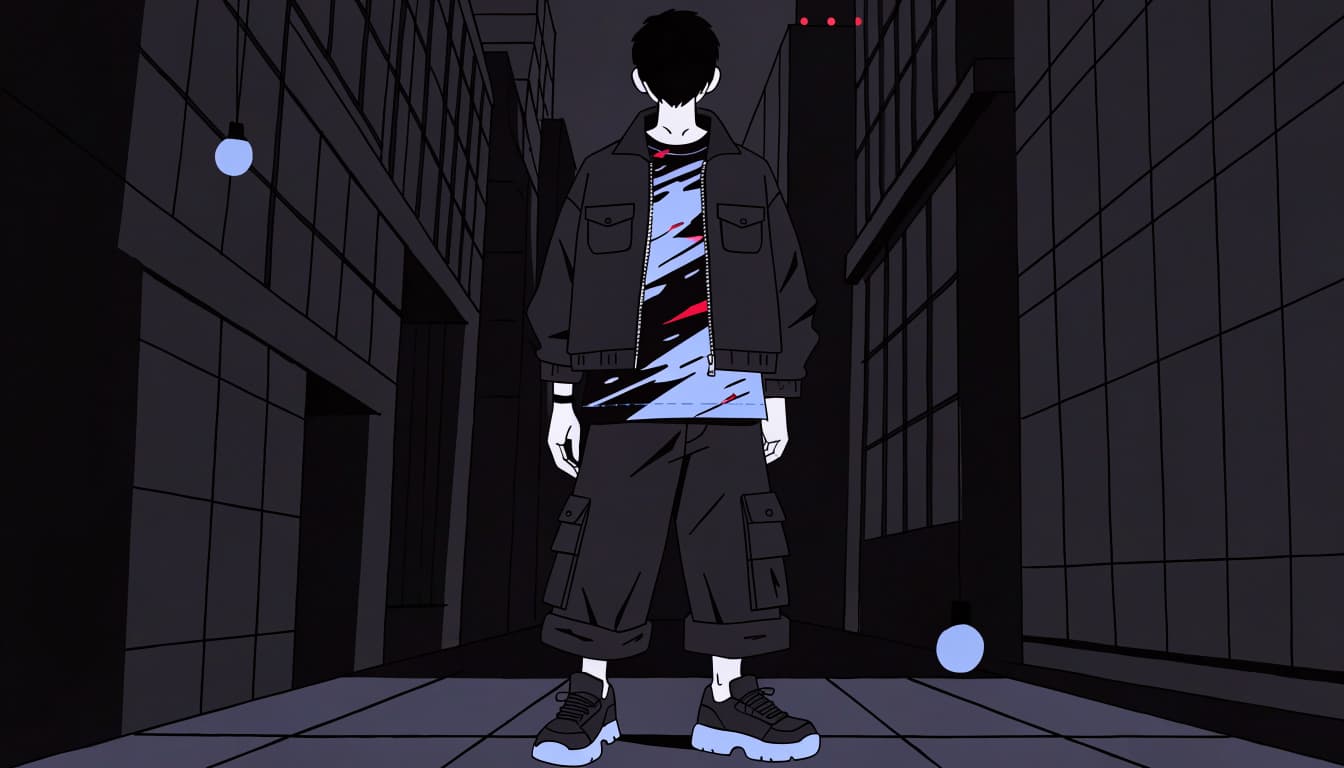 A person in a holiday graphic tee and cargo pants stands on a winter street.